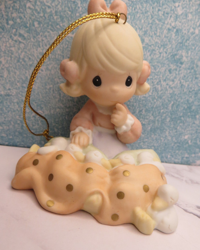 1999 Enesco Precious Moments Mini Figurine or Ornament Girl w/ Bunny Bed 456039