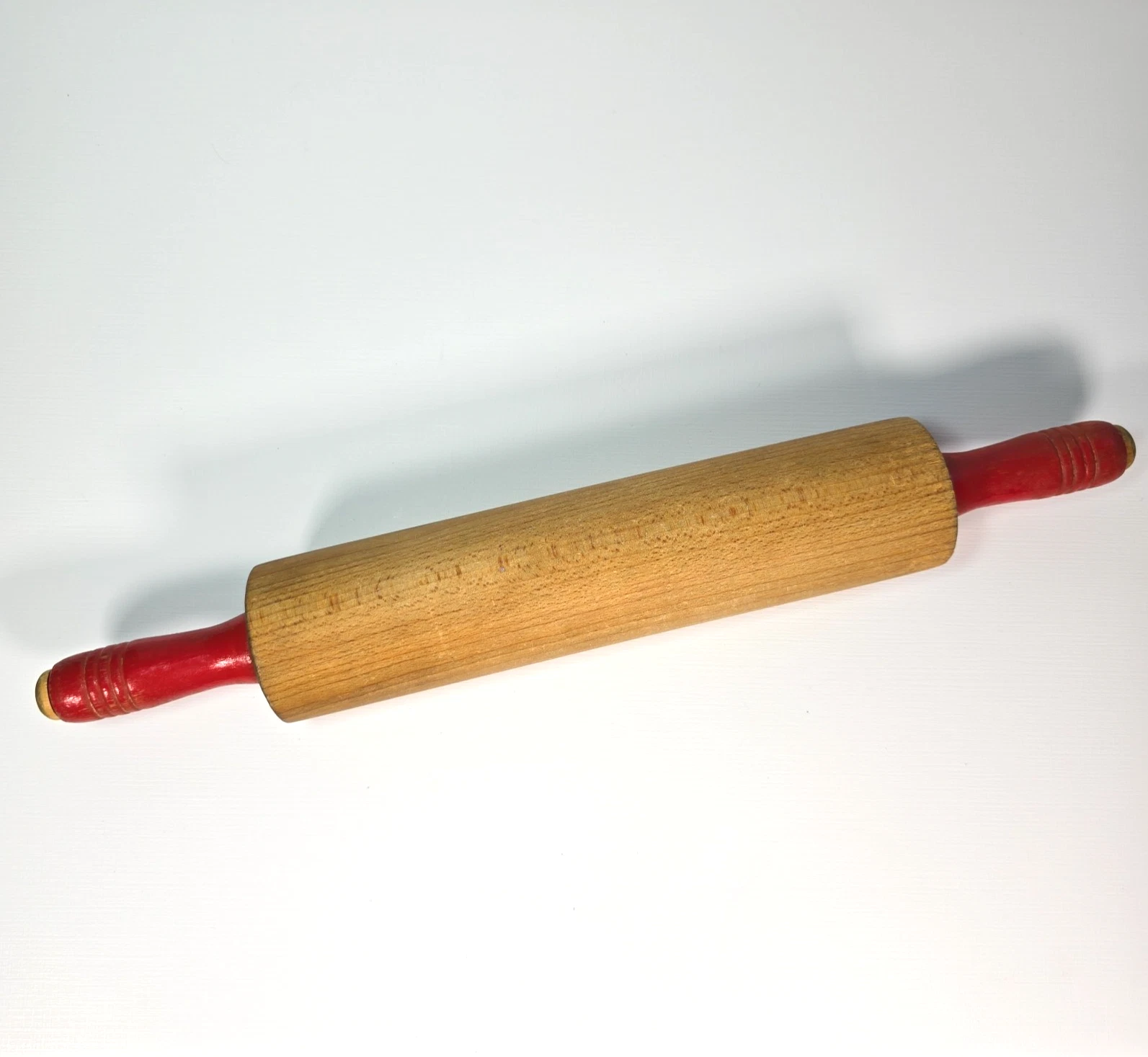 Vintage Primitive Wood Rolling Pin Red Handles Farmhouse Kitchen Rustic Decor