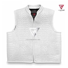 Men's Concealed Biker Vest in Black & White Embossed Real Leather Vest YKK Ziper