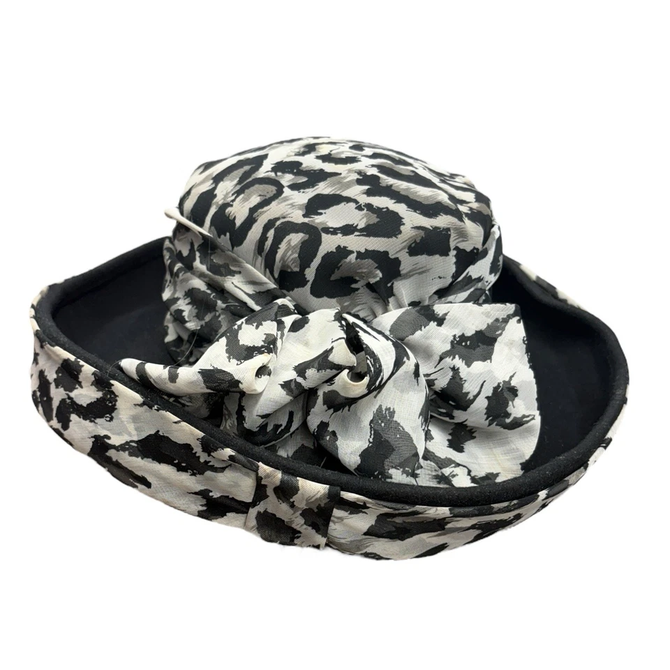 Chapéu de igreja Sonni of San Francisco estampa de leopardo lã preta Derby vintage feminino leitura - Imagem 3 de 4