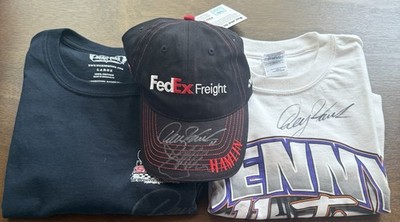 NASCAR Denny Hamlin FedEx Express Signed Pit Cap w/ Short Track Showdown Shirts