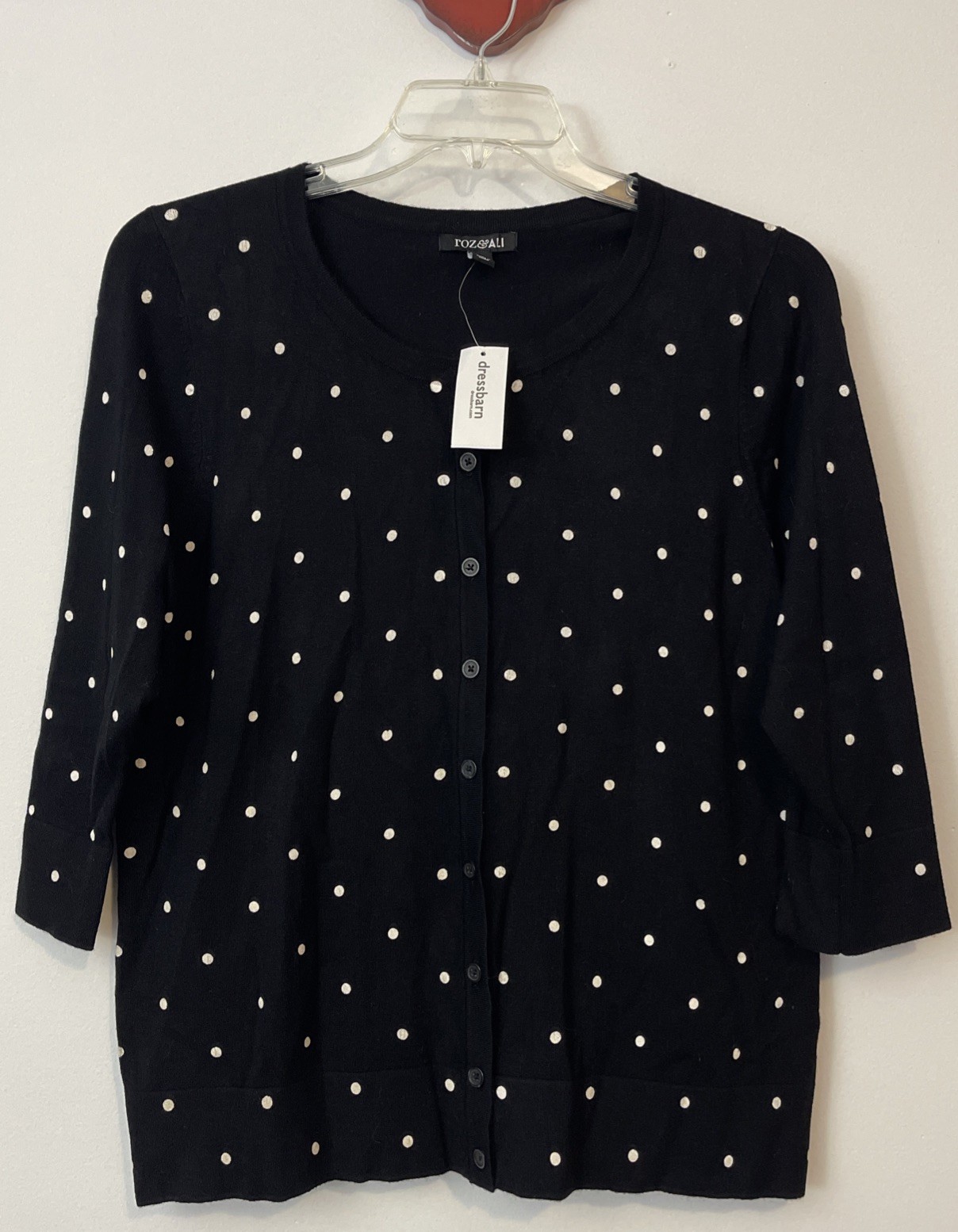 Roz & Ali Womens Large Black Dotted Button-Down 3/4-Sleeved Cardigan NWT! A4516
