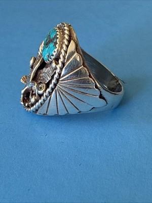 Navajo Running Bear Sterling Silver Turquoise Eagle Mens Ring Size