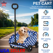 4 Wheels Pet Stroller Dog Stroller Cart Cat Carrier Holder Blue Plaid
