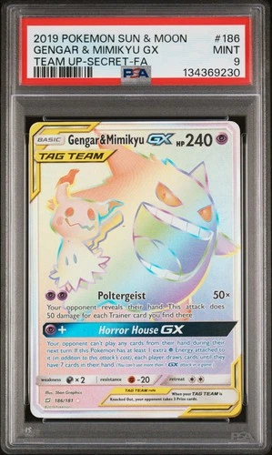 2019 POKEMON SUN & MOON TEAM UP SECRET #186 FULL ART/GENGAR & MIMIKYU GX PSA 9
