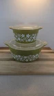 Vintage Pyrex Spring Blossom Green Crazy Daisy Casserole Set 475 473 w/ Lids