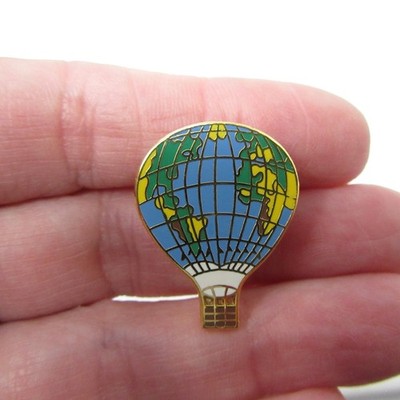 Hot Air Balloon Pin World Map Globe Enamel Gold Tone Lapel Brooch Travel Vintage