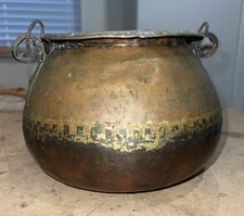 Antique Copper & Bronze Cauldron w/ Handle, Dovetail Design, Tinned Interior