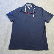 Tommy Hilfiger Polo Shirt Mens L Navy Blue Custom Fit 85 Patch Preppy Collegiate