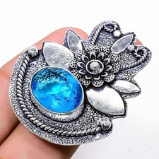 Swiss Blue Topaz Gemstone 925 Sterling Silver Jewelry Adjustable Ring