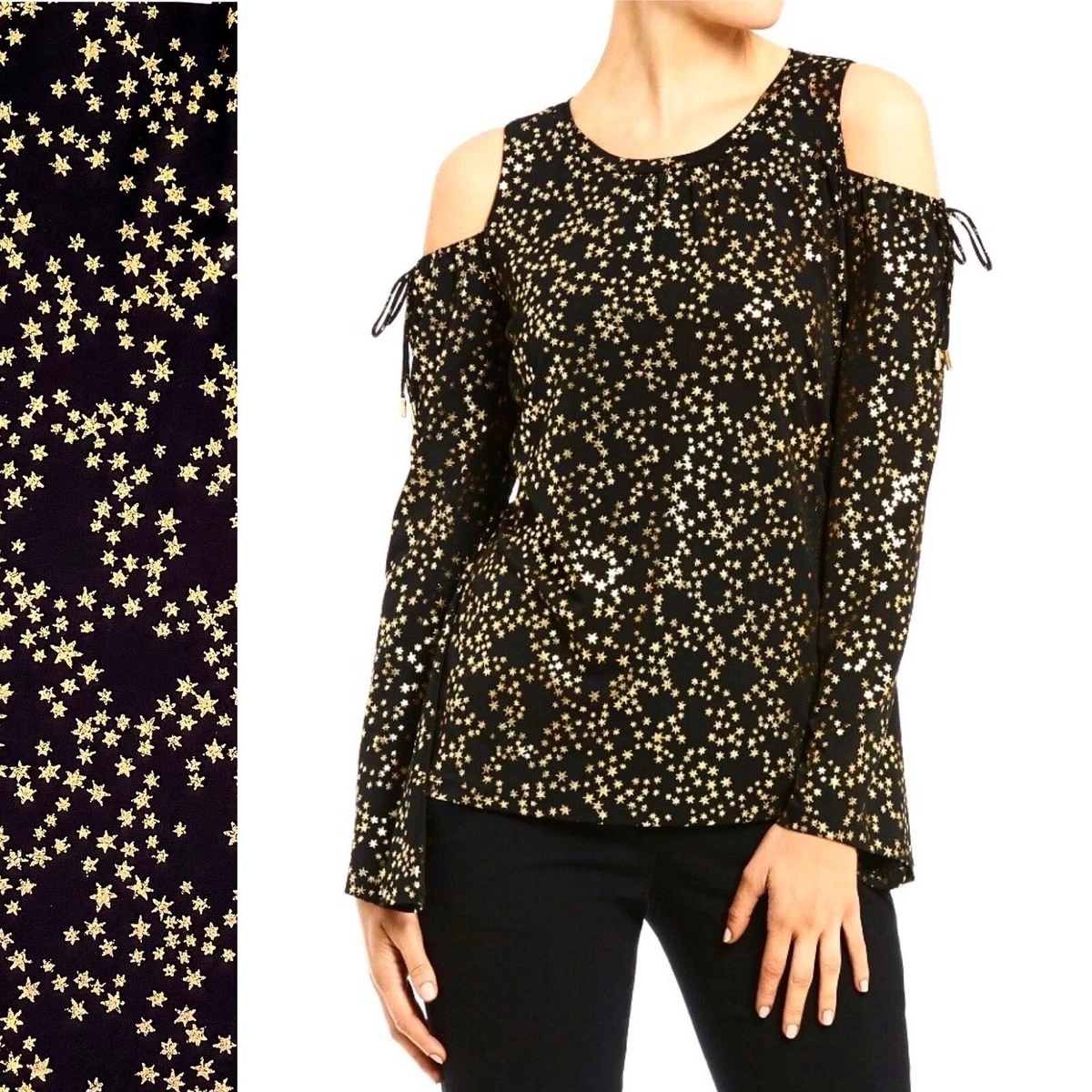 Michael Kors Cold Shoulder Blouse Womens Medium Black w Gold Stars