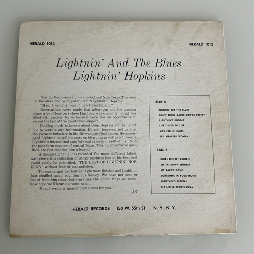 ORIG 1959 Lightnin' Hopkins LP LIGHTNIN' AND BLUES;BLACK LBL Herald LP 1012 MONO - Picture 2 of 17