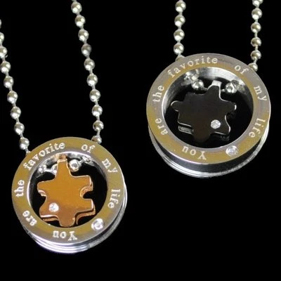 Partnerkette Edelstahl Partner Anhänger Strass Ketten Ring + Puzzle schwarz P445 - Bild 1 von 2