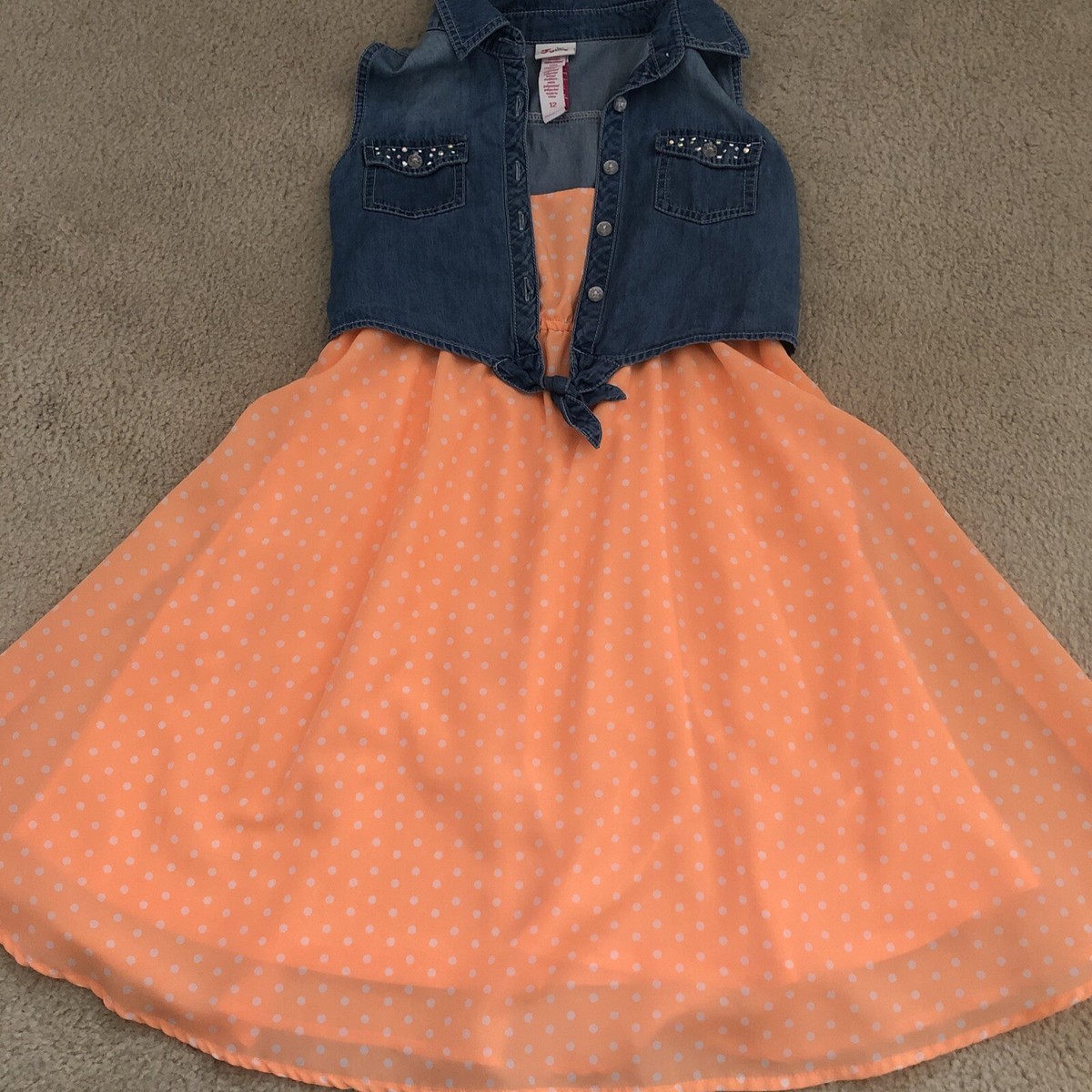 Cute Justice Girl Size 12 Peach Dress Polka Dot Attached Denim Vest  Sleeveless