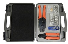 Coaxial tool kit: ratchet crimping tool/rotary cable stripper/coax cable cutter