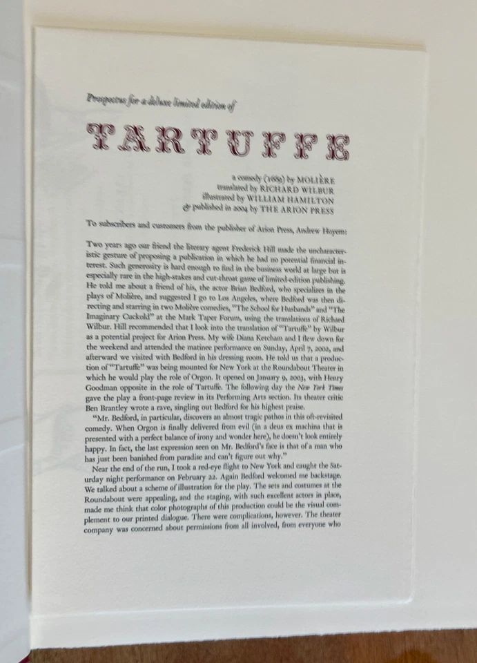 Tartuffe Comedy in Five Acts 1669 Limited Signed 2004 Arion Press, Moliere - Image 2 of 4