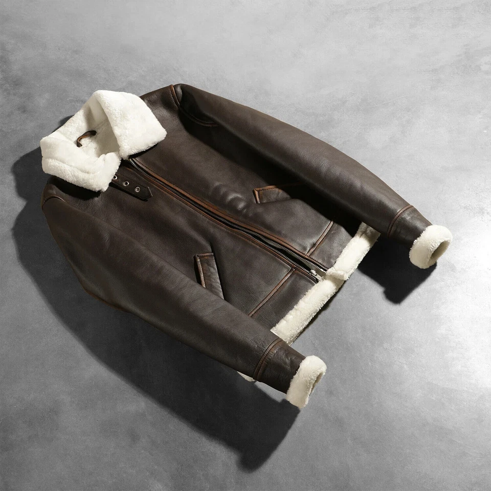 Chaqueta de bombardero marrón B3 RAF Avaitor piel de oveja - Abrigo de cuero de oveja de invierno para mujer Foto 4 de 4