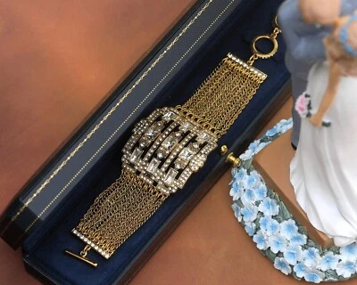 Gros Bracelet Doré Antique Art Deco Plusieurs Rangs Strass Vintage Style QD29 - Photo 1/4