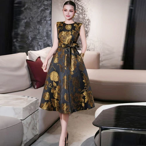Runway Royal Court Style Women's Jacquard Floral Sleeveless Mid Long Swing Dress - Picture 10 of 10