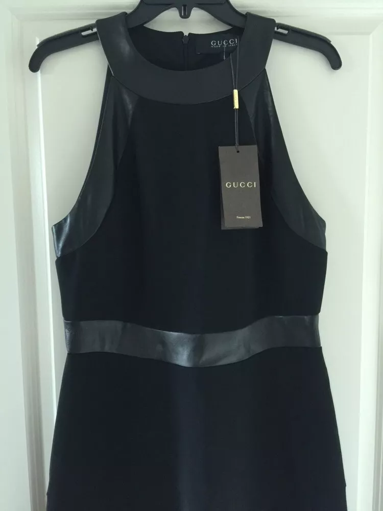 NEUF robe stretch noire GUCCI ponte halterneck garniture cuir taille L 2