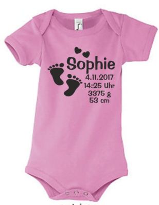 Babybody Strampler Geburt bedruckt Druck Größe Datum Gewicht Wunsch Name 56
