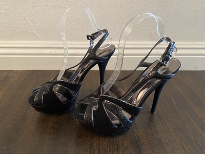 GUESS by Marciano Black Leather Suede Strappy Stiletto High Heels Shoes  Chunky