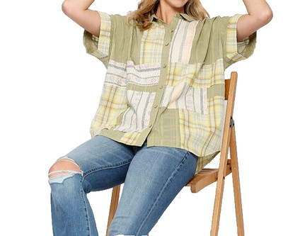 Nwt FUNKY STUFF boho plaid floral applique cotton button TOP SHIRT 28W Free ship