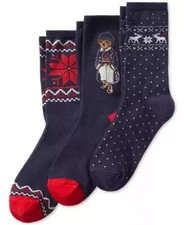 Polo Ralph Lauren Women’s Socks Naval Bear Graphic Print, 3 Pk Navy Shoe Sz 9-11