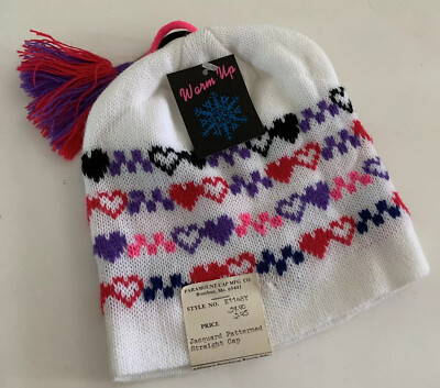 VTG NEW Wool Snow Winter Ski Retro Puff Ball Hearts Knit Beanie Cap Made in USA