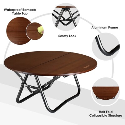 VILLEY Portable Bamboo Round Folding Table Camping Halffold Table w/Carrying Bag