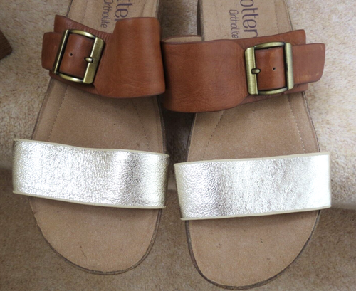Hotter Tan & Gold Leather Two Strap Mules Low Wedge Size UK 5 (38) - Picture 7 of 7