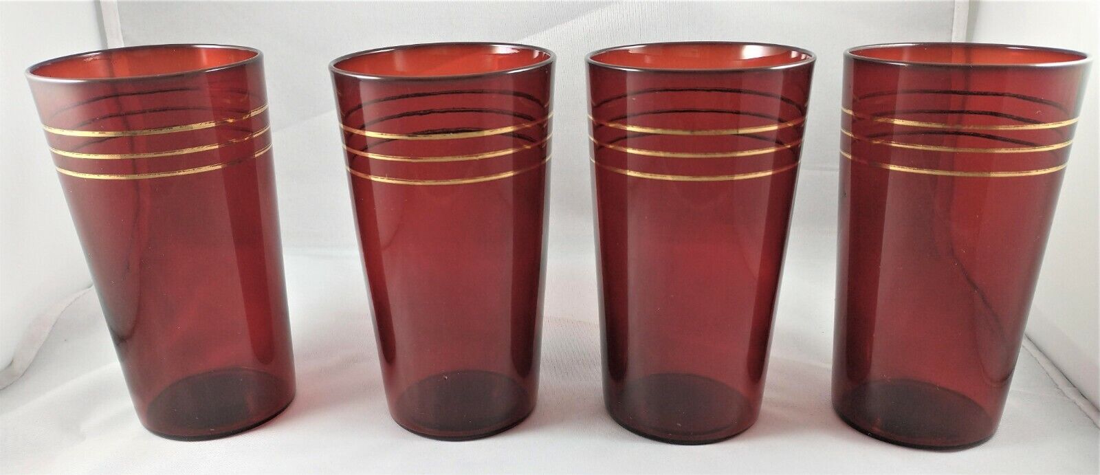 Vintage Ruby Red Tumblers Gold Stripes Set of 4 (B18)