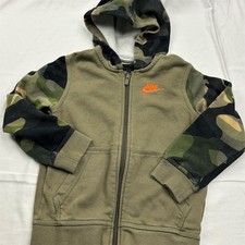 Nike Hoodie Boys XS Green Full Zip Hooded Camo Sleeves Orange Logo