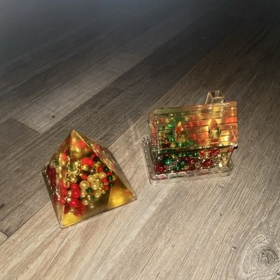 Liquid Filled Lucite/Acrylic Pyramid With Floating Faux Pearls & Colored Spheres