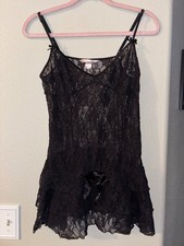 Vintage Victoria's Secret Black Lace Babydoll Slip Chemise Y2K Ruffle Large L