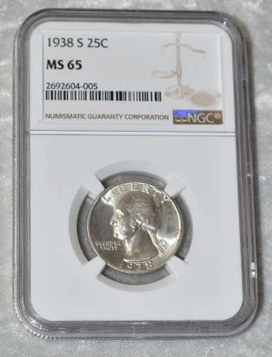 1938 S WASHINGTON QUARTER 90% SILVER NGC MS 65 MS65 SAN FRANCISCO MINT 25¢ COIN