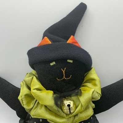 Woof & Poof 21  X 10  black plush cat stitched face gold dots 2005 brass button