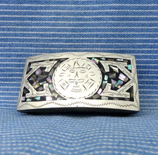Southwestern Sun Face Dress Belt Buckle Abalone Inlay Vtg 70s Alpaca Mex .CPA775