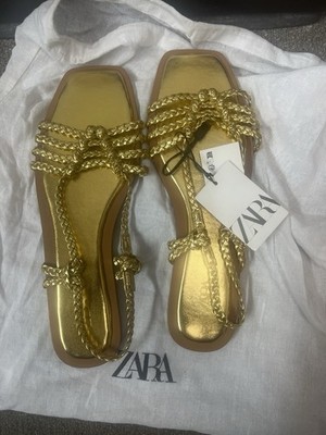Zara Gold Woven Rope Sandals Women's Size 11 New