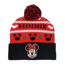 Disney Minnie Mouse Beanie Fair Isle Knit Design Cuffed Winter Hat with Pom