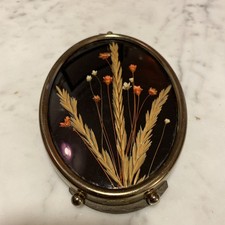 Vintage Framed Dried Flowers Standing Or Wall Hanging Oval Domed Glass Gold Tone