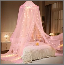 Pink Bed Canopy for Girls with Glowing Stars, Princess Bed Curtains for Kids