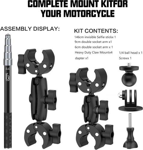 Motorcycle Bike Handlebar Double Clamp Mount with 59" Invisible Selfie for Insta - Picture 8 of 8