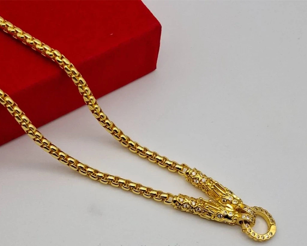 24K Gold Plated Dragon Necklace with CZ Gems Thai Amulet 24 Inch-image