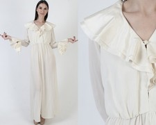 Vtg Off Wht Victorian Dress Sheer Long Edwardian Boho Plain Wedding Bridal Gown