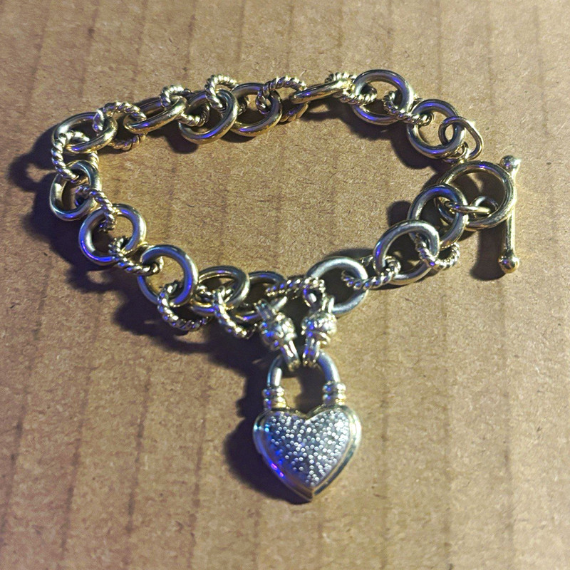 Gold Tone Rolo Chain Toggle Bracelet with Diamond Heart Dangle Locket Charm