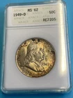 1949 D 50C Silver Franklin Half Dollar ANACS MS62 Old Holder