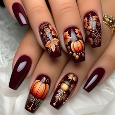 Fall Dark Red Press on Nails Square Medium Coffin Fake Nails with Halloween Pump