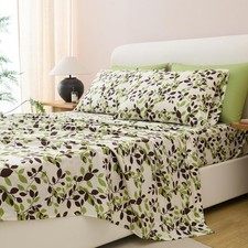 Home 6-Piece Elegant Bed Sheet Set - Queen, Beige/Green Leaves Deep Pocket ...