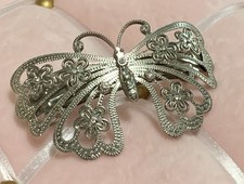 Vtg Pretty Silver Tone Filigree Rhinestone 3.75  Wide Metal Butterfly Barrette